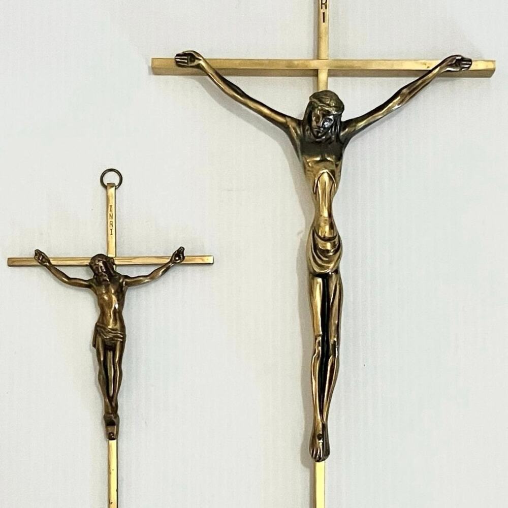 2 Vintage Brass INRI Crucifix Large Wall Hanging Jesus Corpus Cross 18 in 10 in